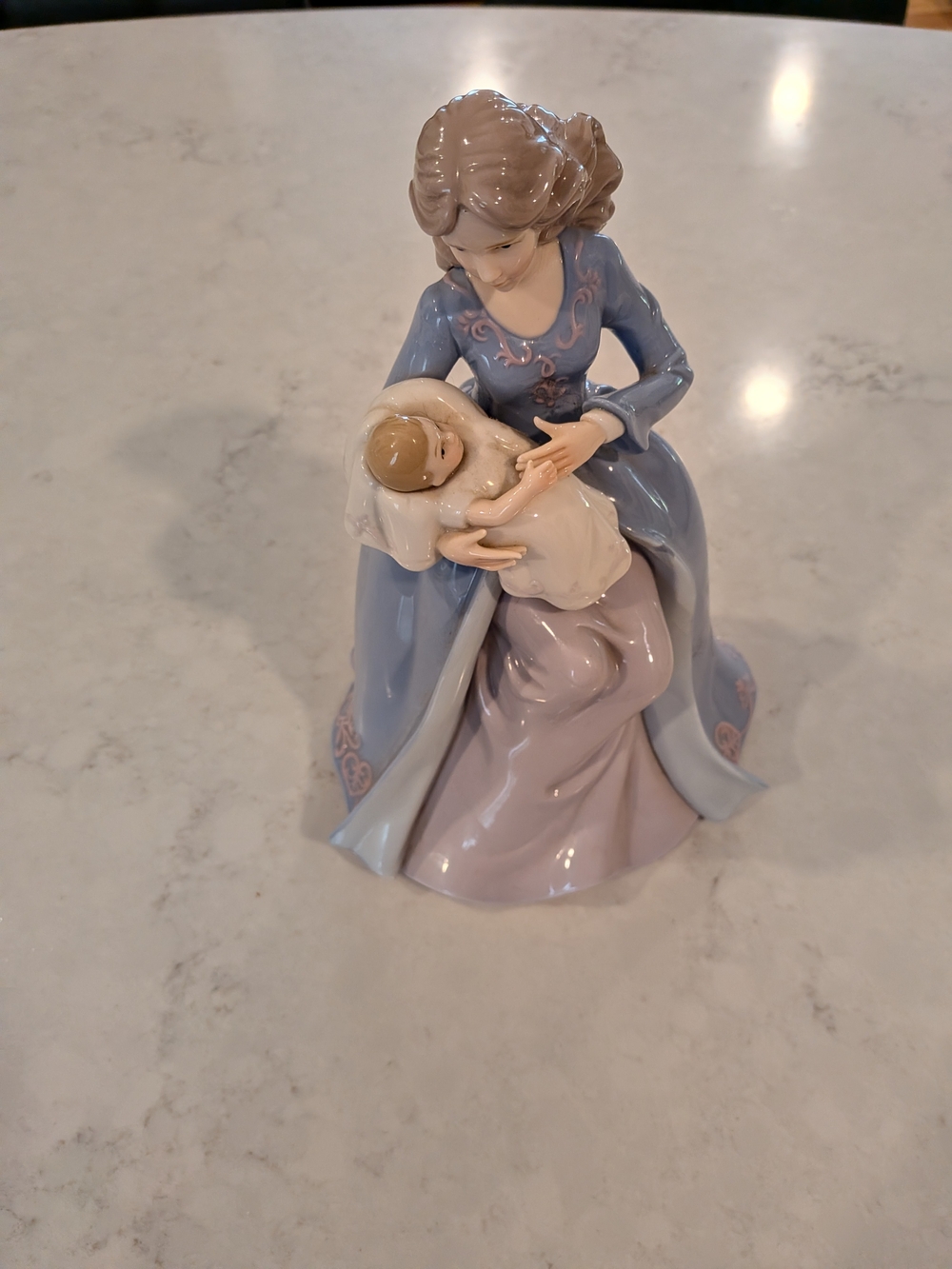 Hand-Painted Porcelain Mother and Child Figurine 9.5" Tall - Blue and Cream